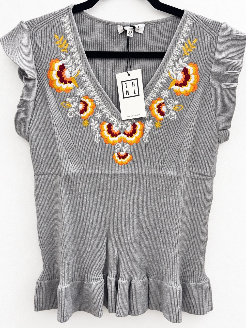 THML Gray Ribbed V-Neck Tank with Yellow & Orange Floral Embroidery